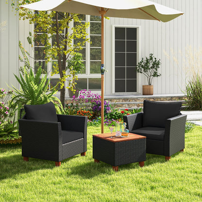 3 Pieces Patio Porch Furniture Set with Cushions and Storage Table-Black