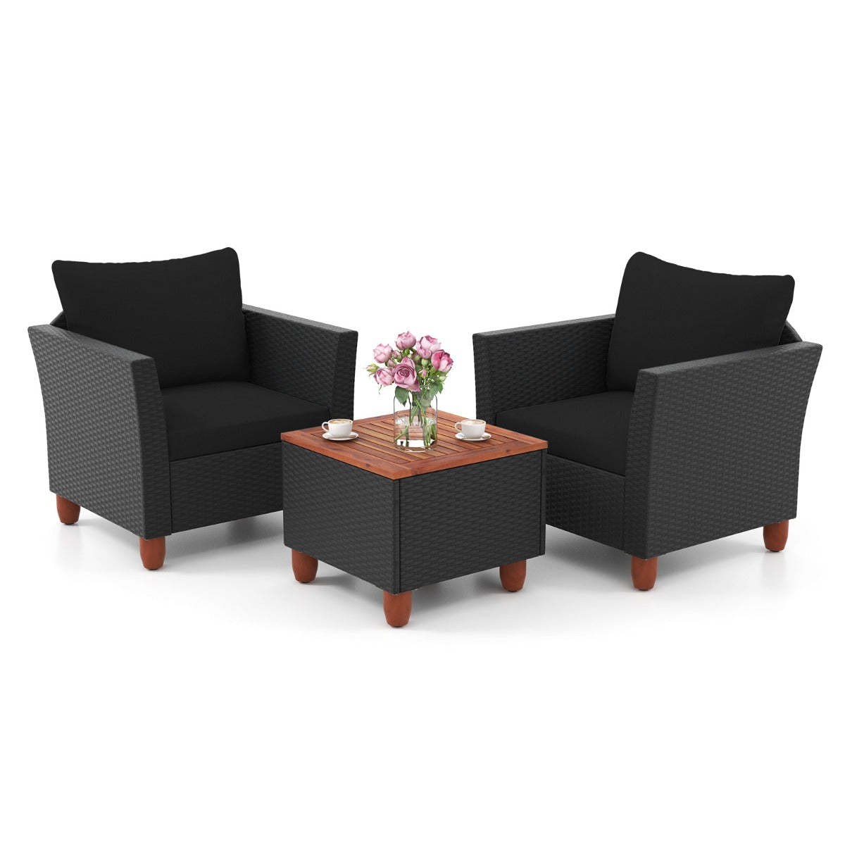 3 Pieces Patio Porch Furniture Set with Cushions and Storage Table-Black