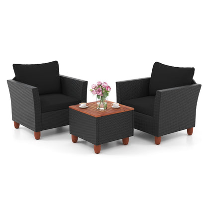 3 Pieces Patio Porch Furniture Set with Cushions and Storage Table-Black