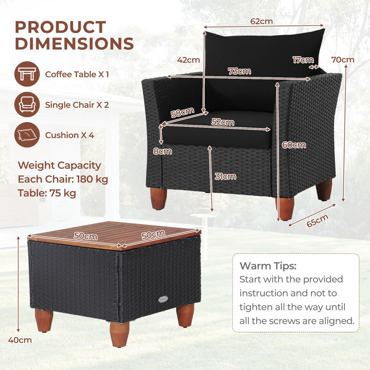 3 Pieces Patio Porch Furniture Set with Cushions and Storage Table-Black