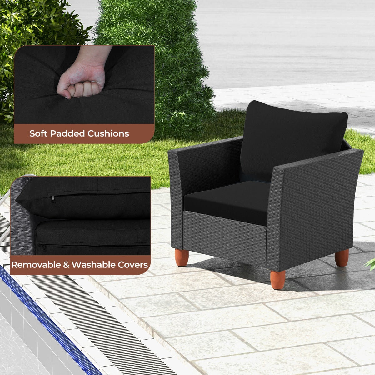 3 Pieces Patio Porch Furniture Set with Cushions and Storage Table-Black