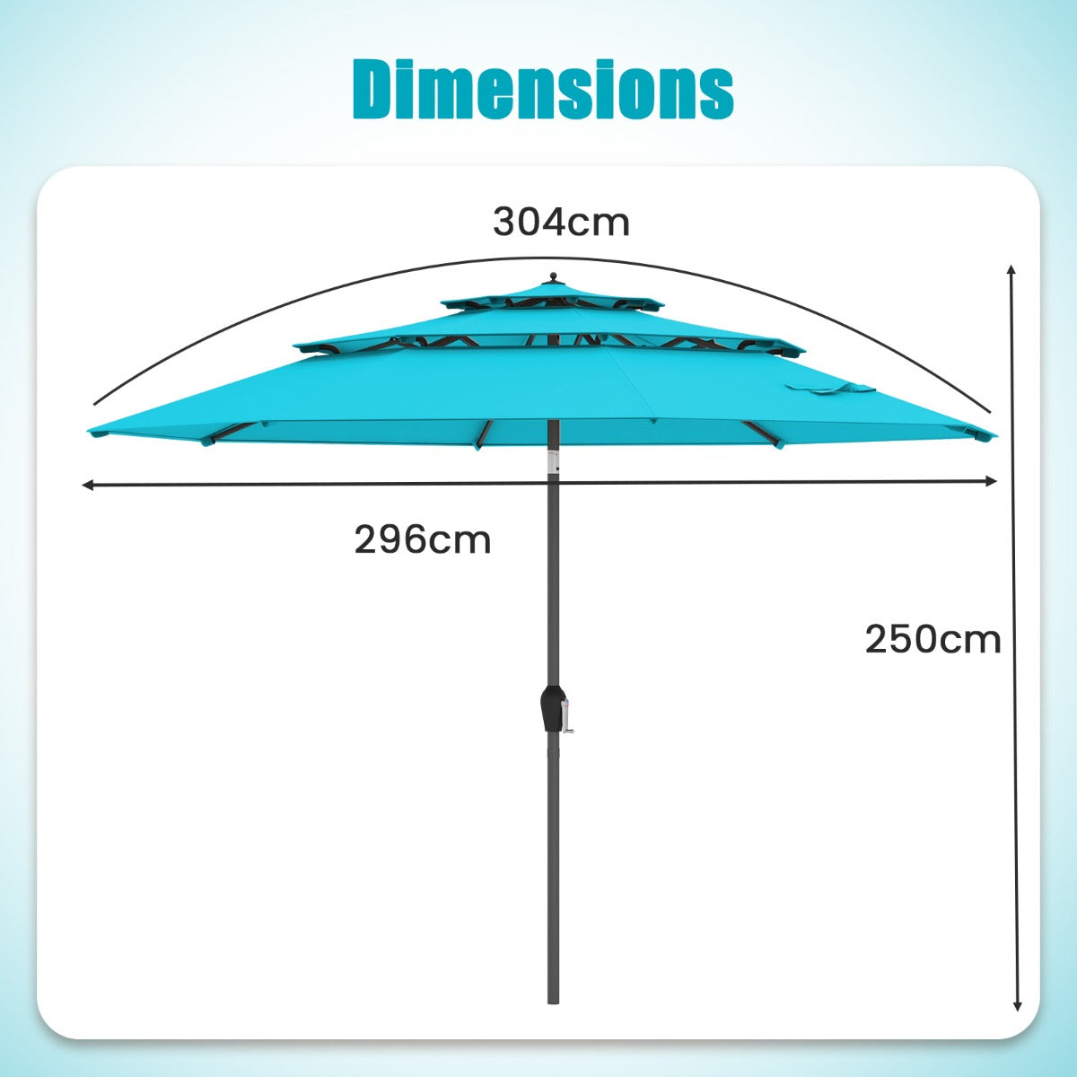 296cm 3 Tier Outdoor Umbrella With Double Vented for Market Backyard Pool Garden-Turquoise