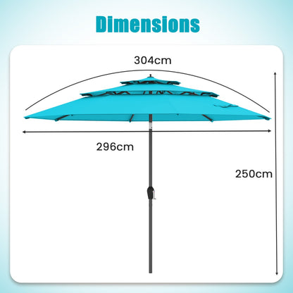 296cm 3 Tier Outdoor Umbrella With Double Vented for Market Backyard Pool Garden-Turquoise