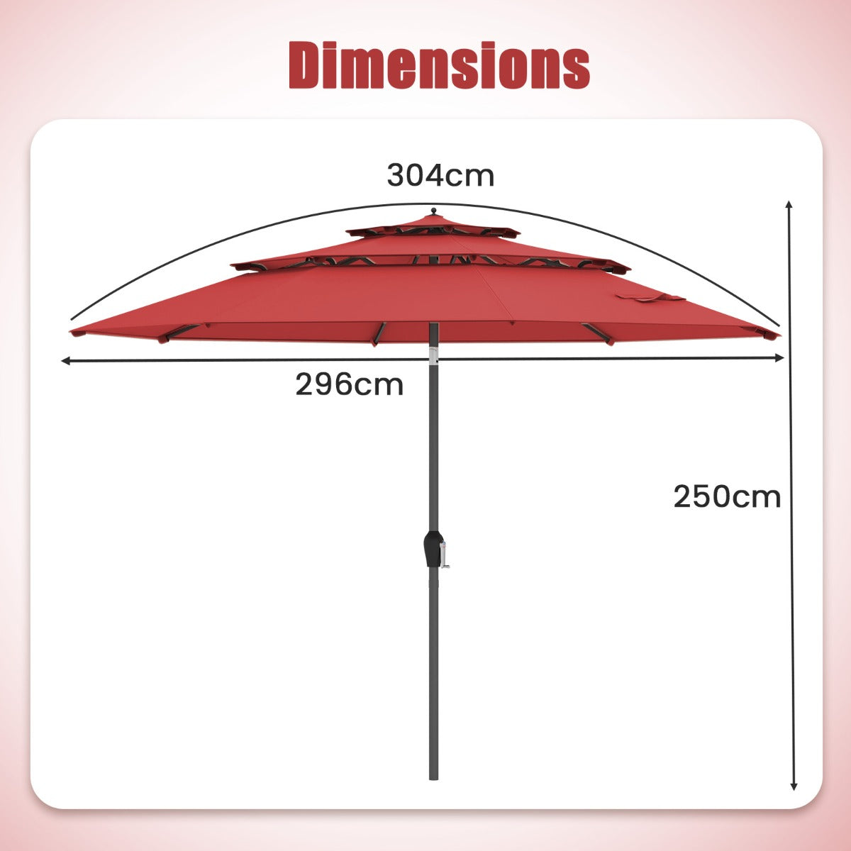 296cm 3 Tier Outdoor Umbrella With Double Vented for Market Backyard Pool Garden-Red