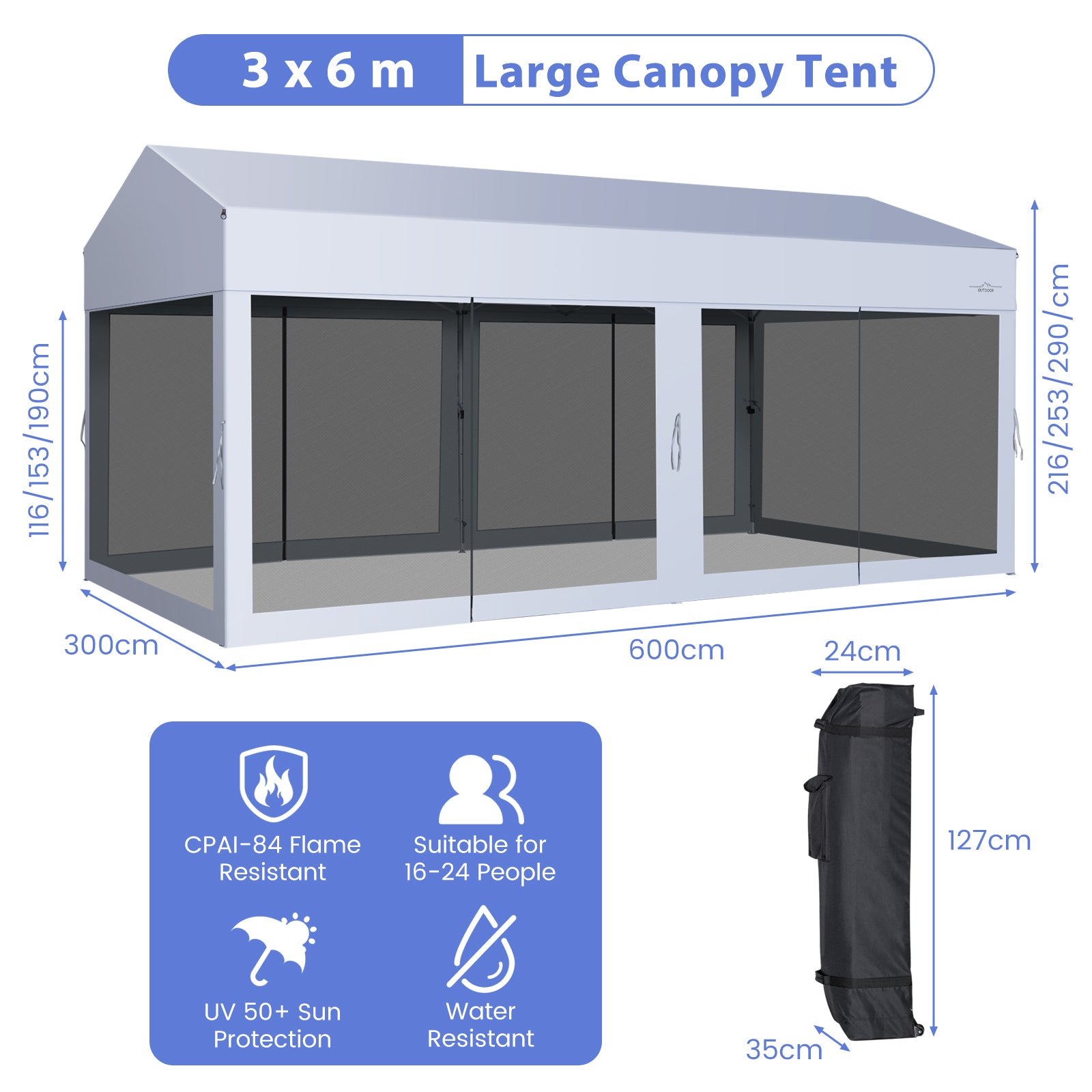 3 x 6 m Pop-Up Canopy UV Screen House Party Tent with Removable Sidewalls-White
