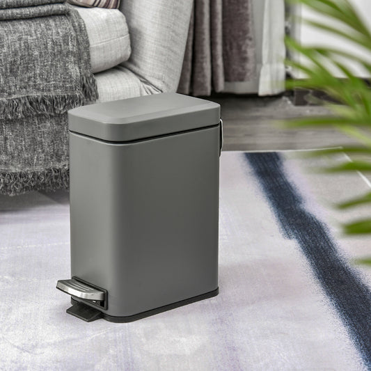HOMCOM 5L Rectangular Compact Bin, Steel Body, Removable Bucket, Quiet-Close Lid w/ Pedal Lid Rubbish Trash Can Garbage Tidy Clean, Grey