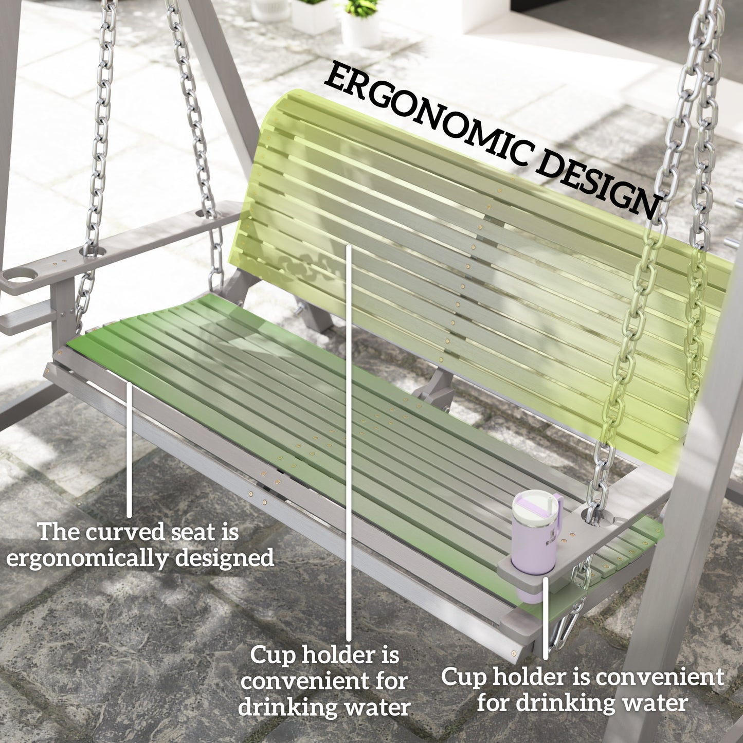 Outsunny 2 Seater Garden Swing Seat, Wooden Swing Chair Bench with Cup Holders for Outdoor Porch Patio, Grey
