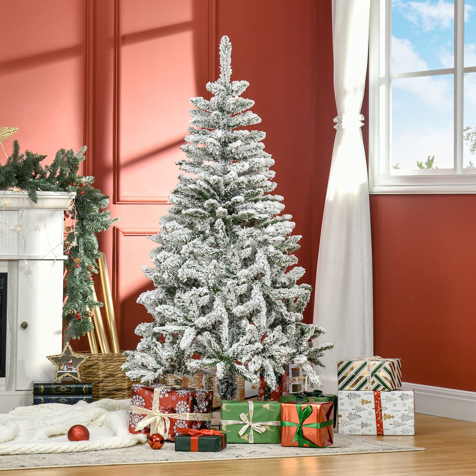 HOMCOM 5 Foot Snow Flocked Artificial Christmas Tree Xmas Pine Tree with 358 Realistic Branches, Auto Open and Steel Base, Green