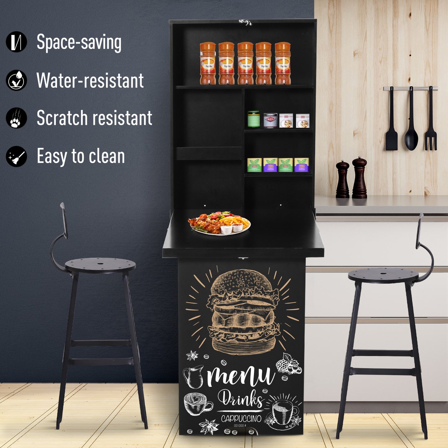 HOMCOM Folding Wall-Mounted Drop-Leaf Table With Chalkboard Shelf Multifunction Black