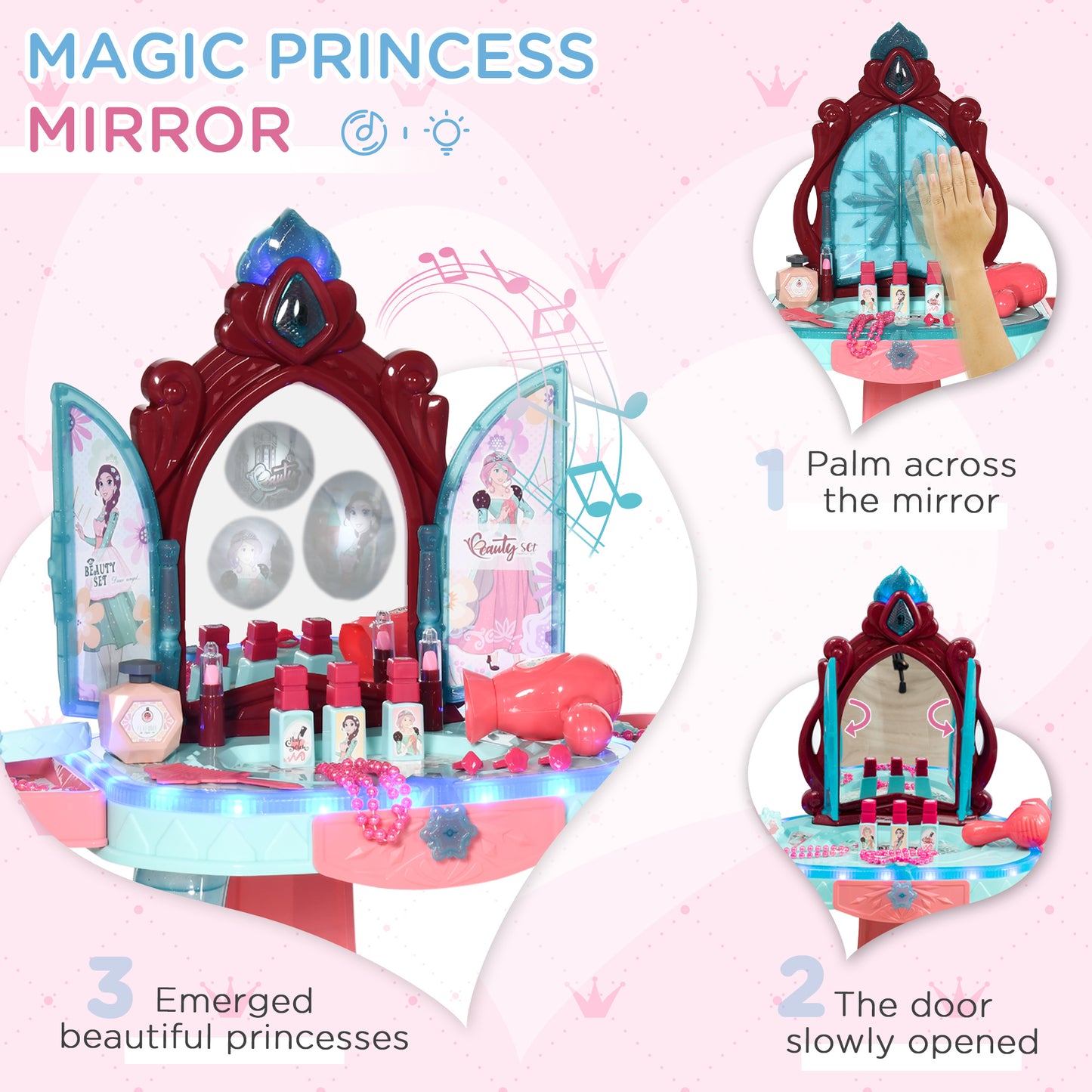 HOMCOM 31 PCS Kids Dressing Table Set with Magic Princess Mirror, Musical Pretend Toy W/ Beauty Kit Mirror Light & Music, for 3-6 Years Old Blue+Pink