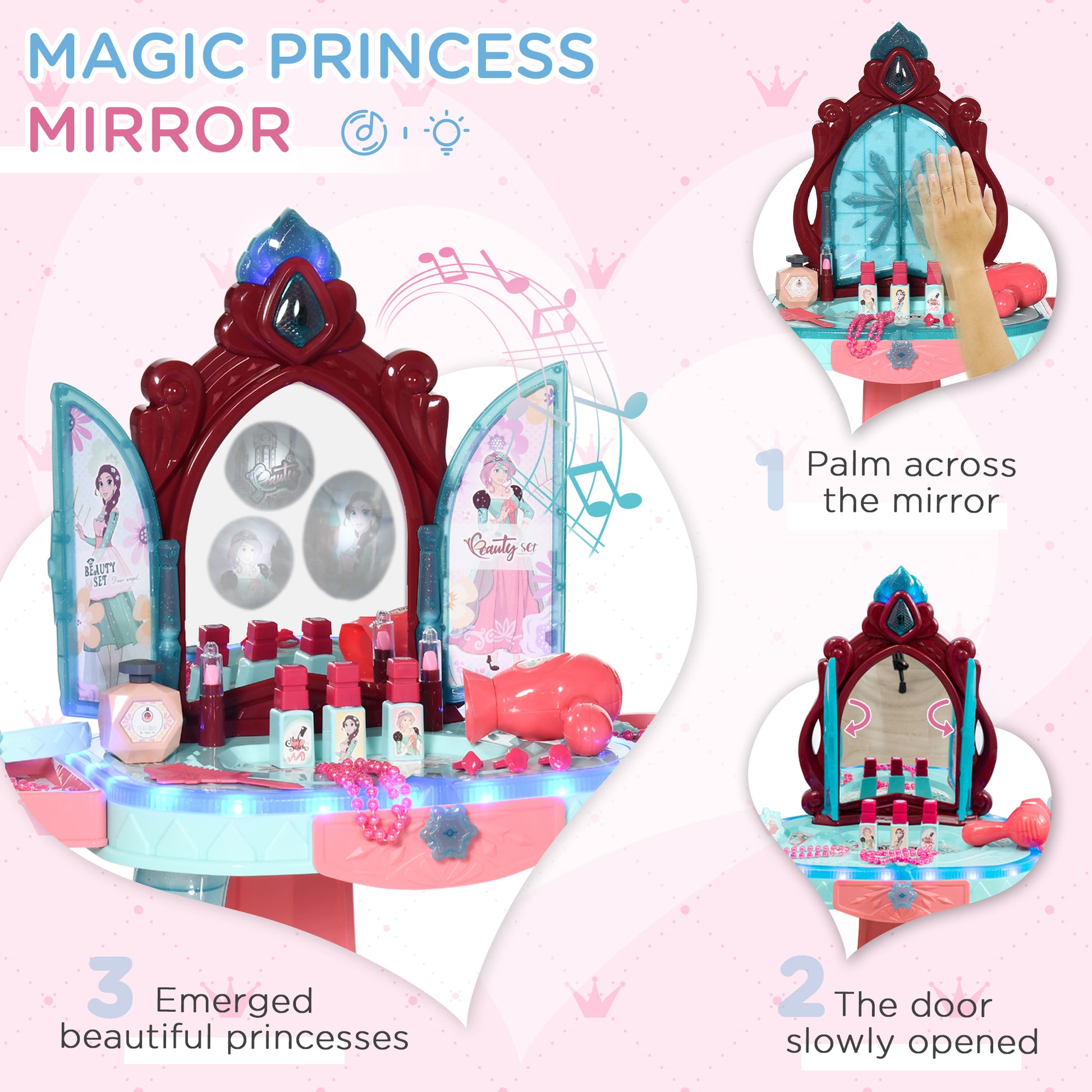 HOMCOM 31 PCS Kids Dressing Table Set with Magic Princess Mirror, Musical Pretend Toy W/ Beauty Kit Mirror Light & Music, for 3-6 Years Old Blue+Pink