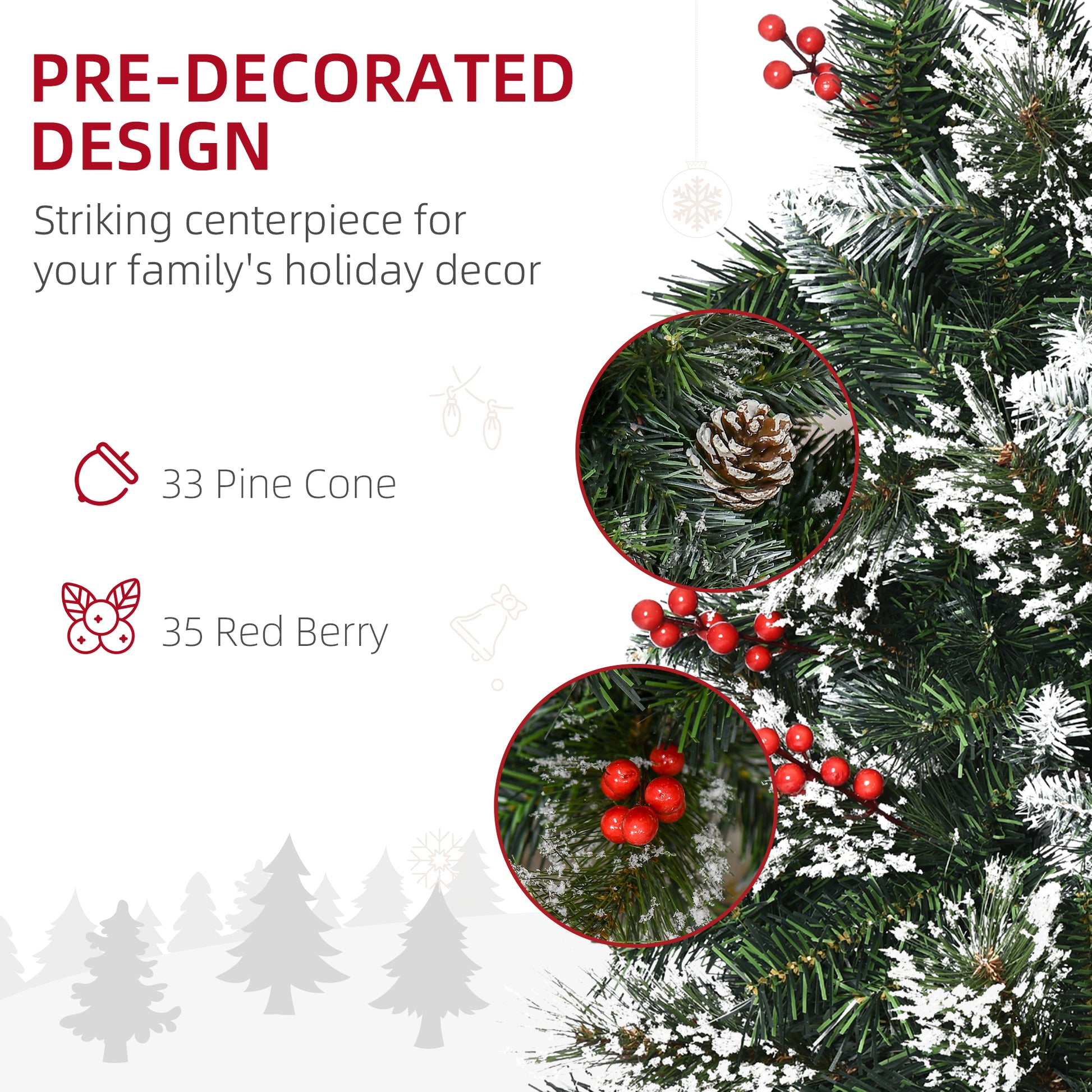 HOMCOM 6 Foot Snow Dipped Artificial Christmas Tree Slim Pencil Xmas Tree with 588 Realistic Branches, Pine Cones, Red Berries, Auto Open, Green