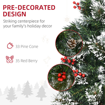 HOMCOM 6 Foot Snow Dipped Artificial Christmas Tree Slim Pencil Xmas Tree with 588 Realistic Branches, Pine Cones, Red Berries, Auto Open, Green