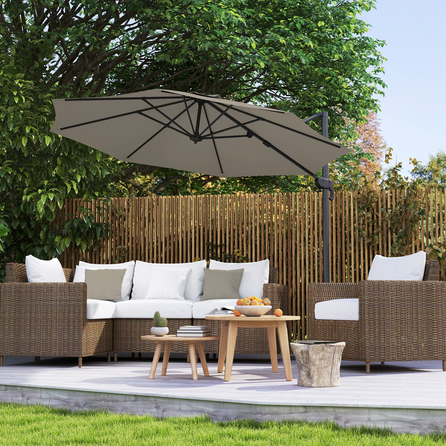 Outsunny 3 x 3(m) Cantilever Parasol with Cross Base, Garden Umbrella with 360° Rotation, Crank Handle and Tilt for Outdoor, Light Grey