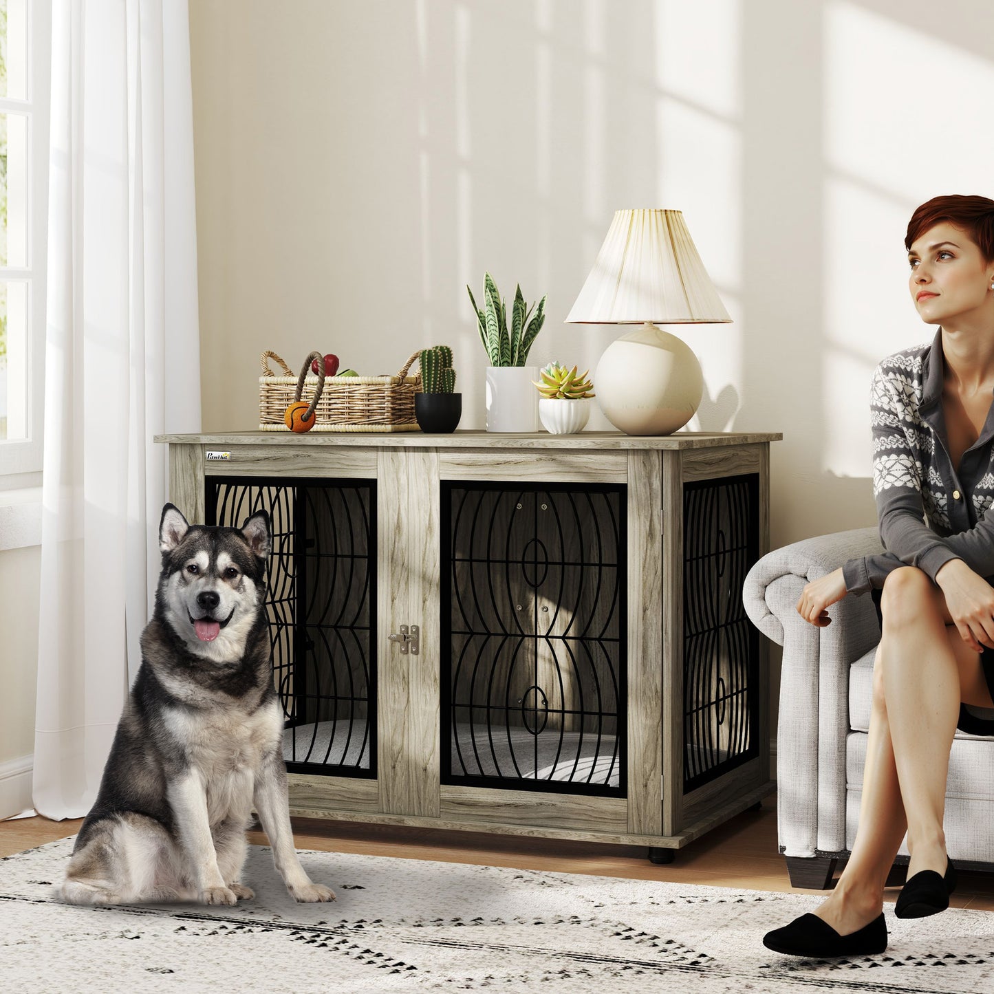 PawHut Indoor Dog Crate Furniture End Table with Soft Washable Cushion, Lockable Front Door, for Extra Large Dogs - Grey