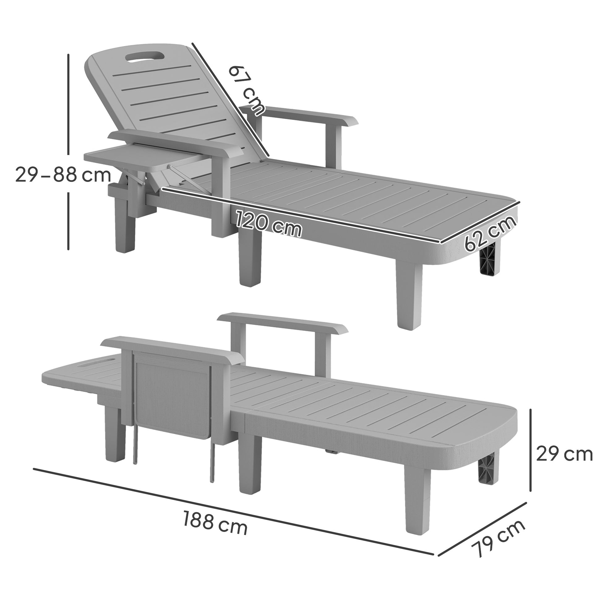 Outsunny Set of 2 Resin Reclining Sun Loungers for Garden, 5 Positions Adjustable Outdoor Chaise Lounge Chairs with Wood Texture Surface, Armrests, Foldable Side Table for Garden, Beach, Light Grey