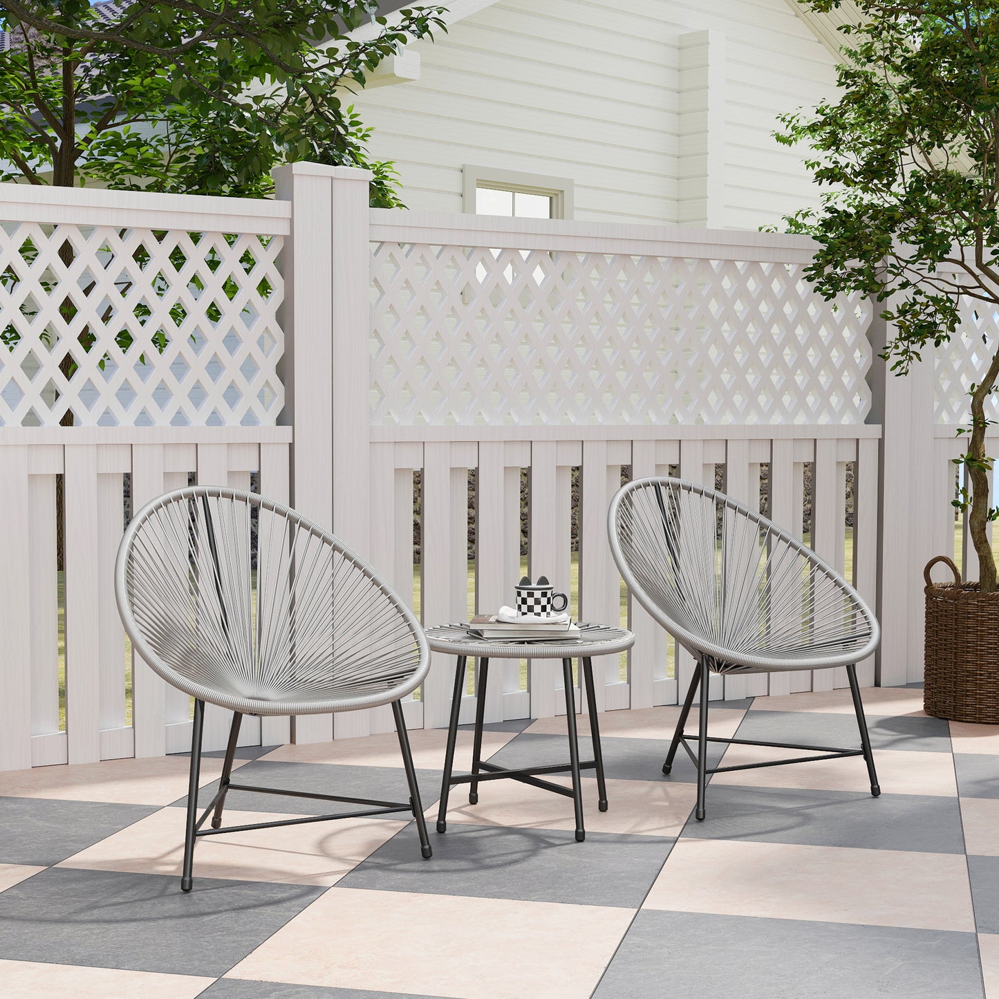 Outsunny 3 Pieces Rattan Bistro Set, Garden Bistro Set with Acapulco Chairs and Glass Top Table, Small Garden Furniture Set with Reinforced Metal Frame for Outdoor, Patio, Balcony, Grey