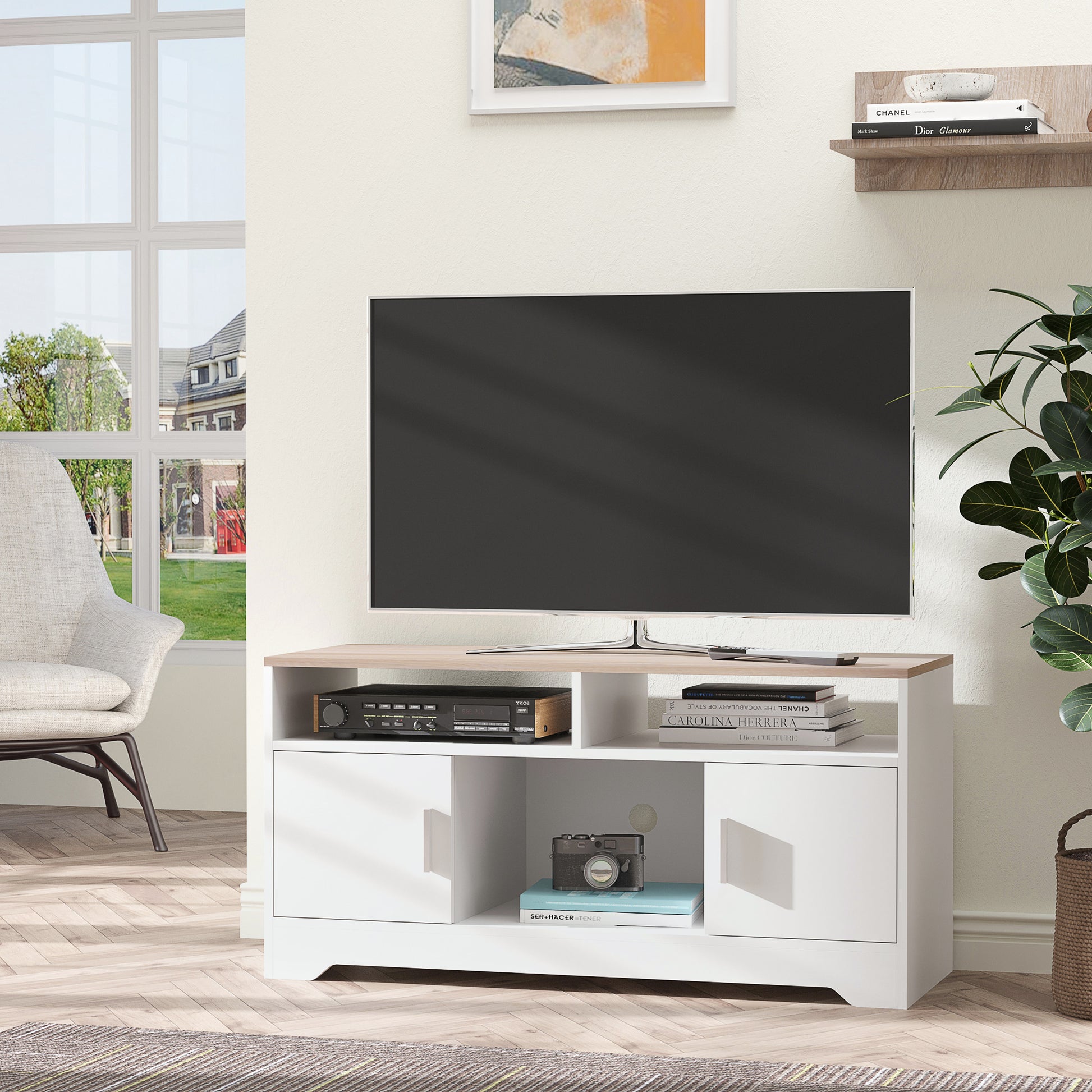 HOMCOM TV Stand for TVs up to 42 Inches with Cabinets, Shelves and Wide Tabletop for Living Room, Bedroom, Dining Room, White and Wood Color