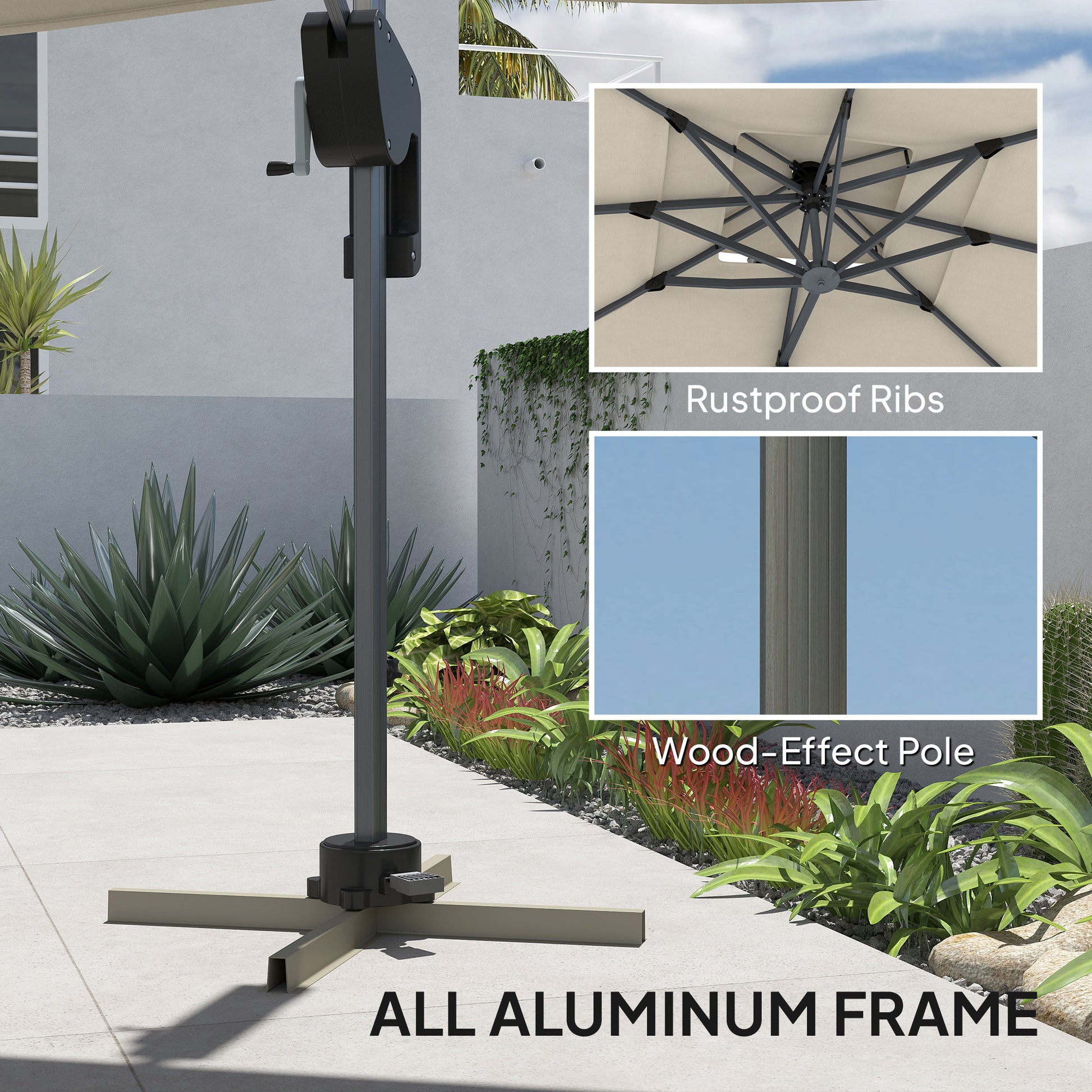 Outsunny 3.7 x 2.7 m Cantilever Parasol w/ 360° Rotation and Easy Tilt Adjustment, Aluminium Hanging Offset Outdoor Umbrella w/ Double Top and Cross Base, UPF50+ Hanging Sun Shade, Grey Wood Effect