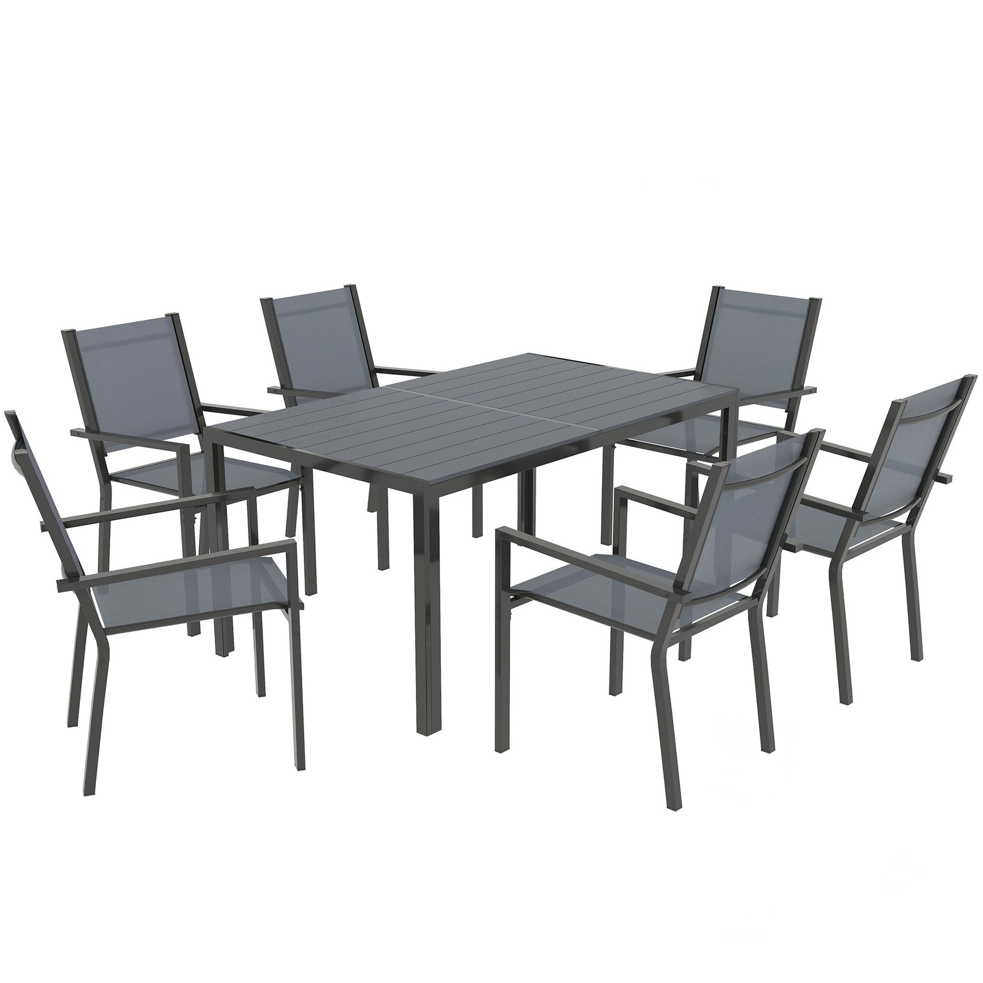 Outsunny 7 Piece Garden Dining Set, Outdoor Furniture Set with 6 Stackable Chairs and 150 cm Rectangle Table, WPC Slatted Top, Rust-Resistant Steel Frame, for Garden, Porch, Terrace