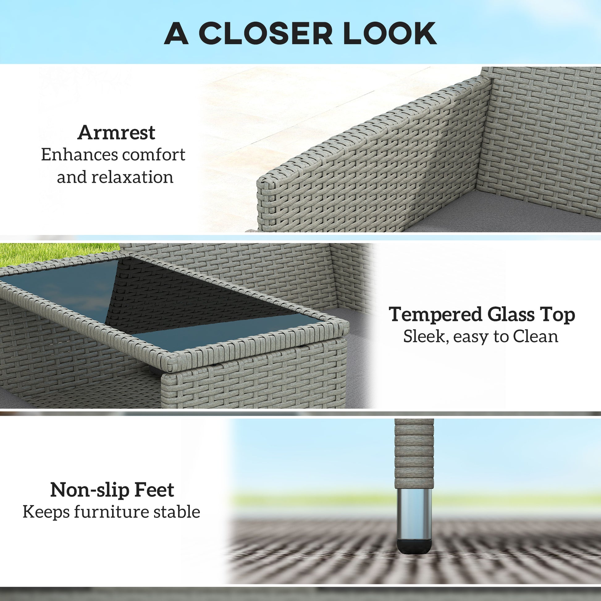 Outsunny 2-Seater PE Rattan Outdoor Garden Bench w/ Centre Table Grey