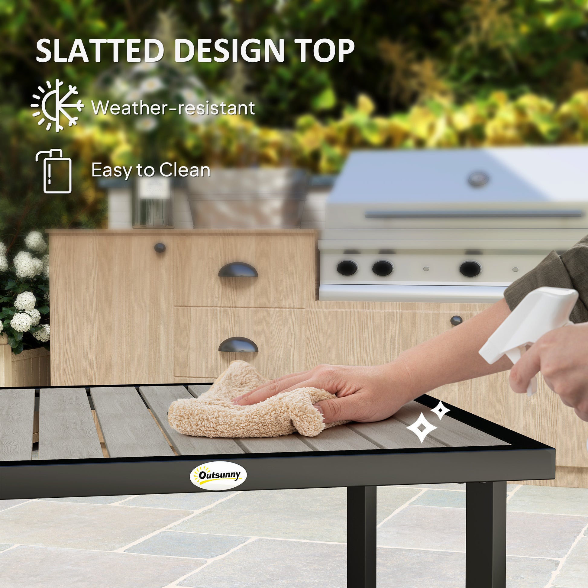 Outsunny Square Garden Dining Table with 5.4cm Parasol Hole, Slatted Top, Metal Frame, 86 x 86 x 71 cm, Light Grey