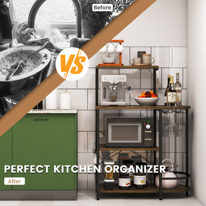 4-Tier Kitchen Bakers Rack with 6 S-Hooks and Stemware Racks-Rustic Brown