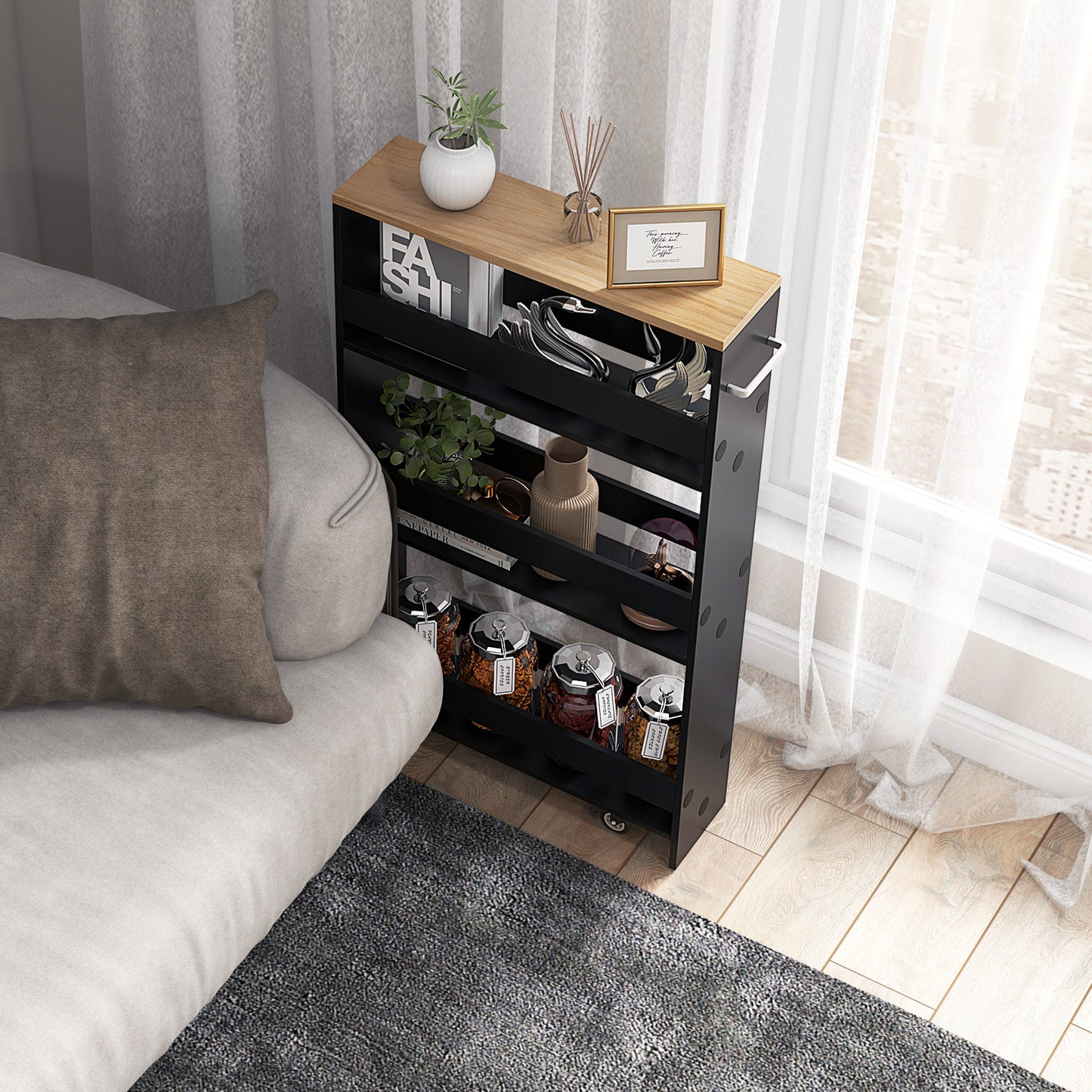 4-Tier Slim Storage Cart with Open Shelves and Wheels-Black