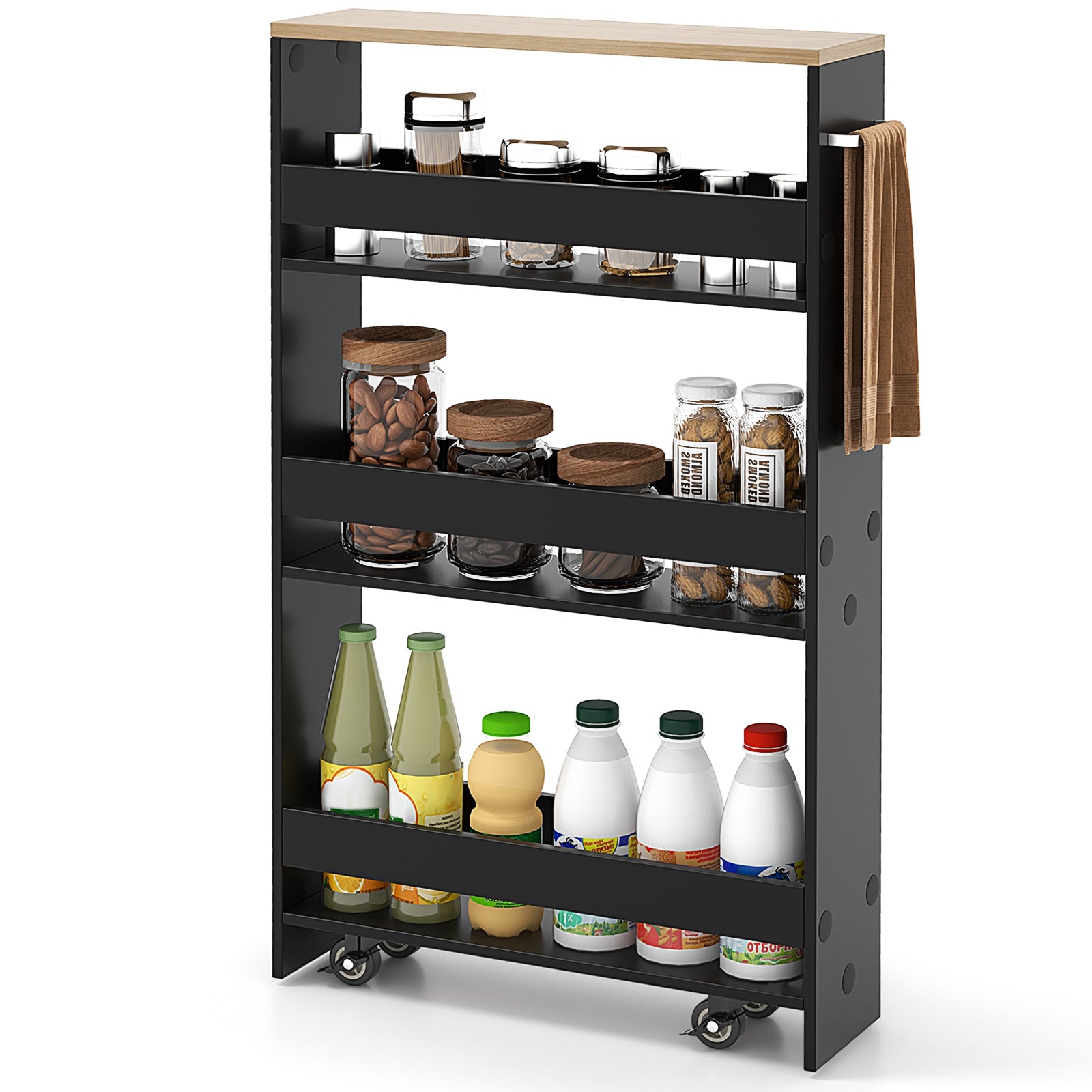 4-Tier Slim Storage Cart with Open Shelves and Wheels-Black