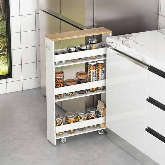 4-Tier Slim Storage Cart with Open Shelves and Wheels-Nature