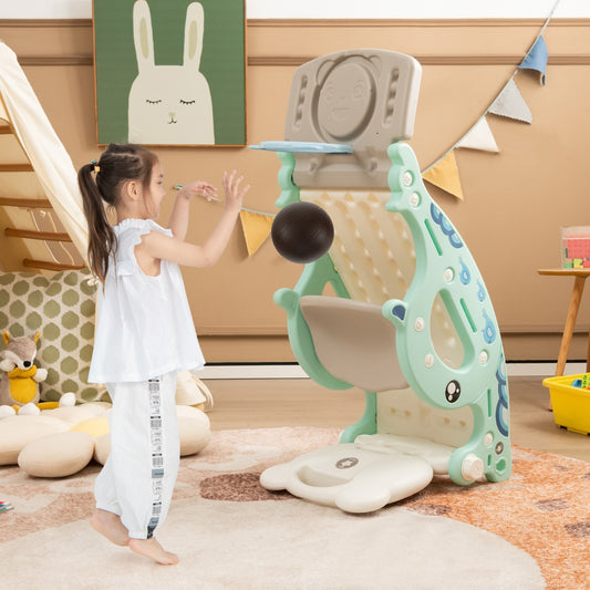 4-in-1 Kids Slide Rocking Horse with Basketball &amp; Ring Toss for Kids 1-4 Years Old-Green
