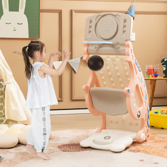 4-in-1 Kids Slide Rocking Horse with Basketball &amp; Ring Toss for Kids 1-4 Years Old-Pink