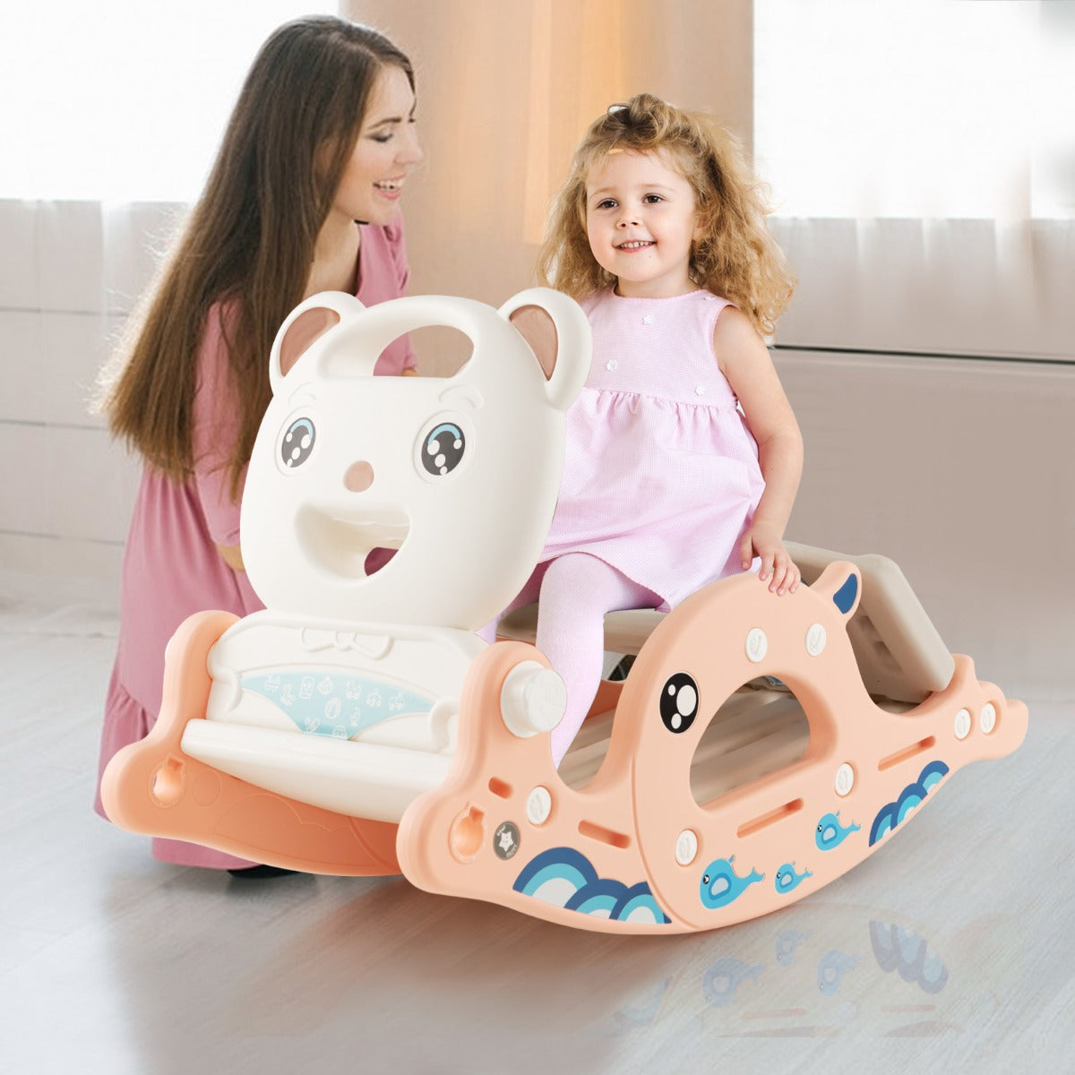 4-in-1 Kids Slide Rocking Horse with Basketball &amp; Ring Toss for Kids 1-4 Years Old-Pink