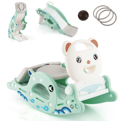 4-in-1 Kids Slide Rocking Horse with Basketball &amp; Ring Toss for Kids 1-4 Years Old-Green