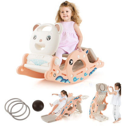 4-in-1 Kids Slide Rocking Horse with Basketball &amp; Ring Toss for Kids 1-4 Years Old-Pink