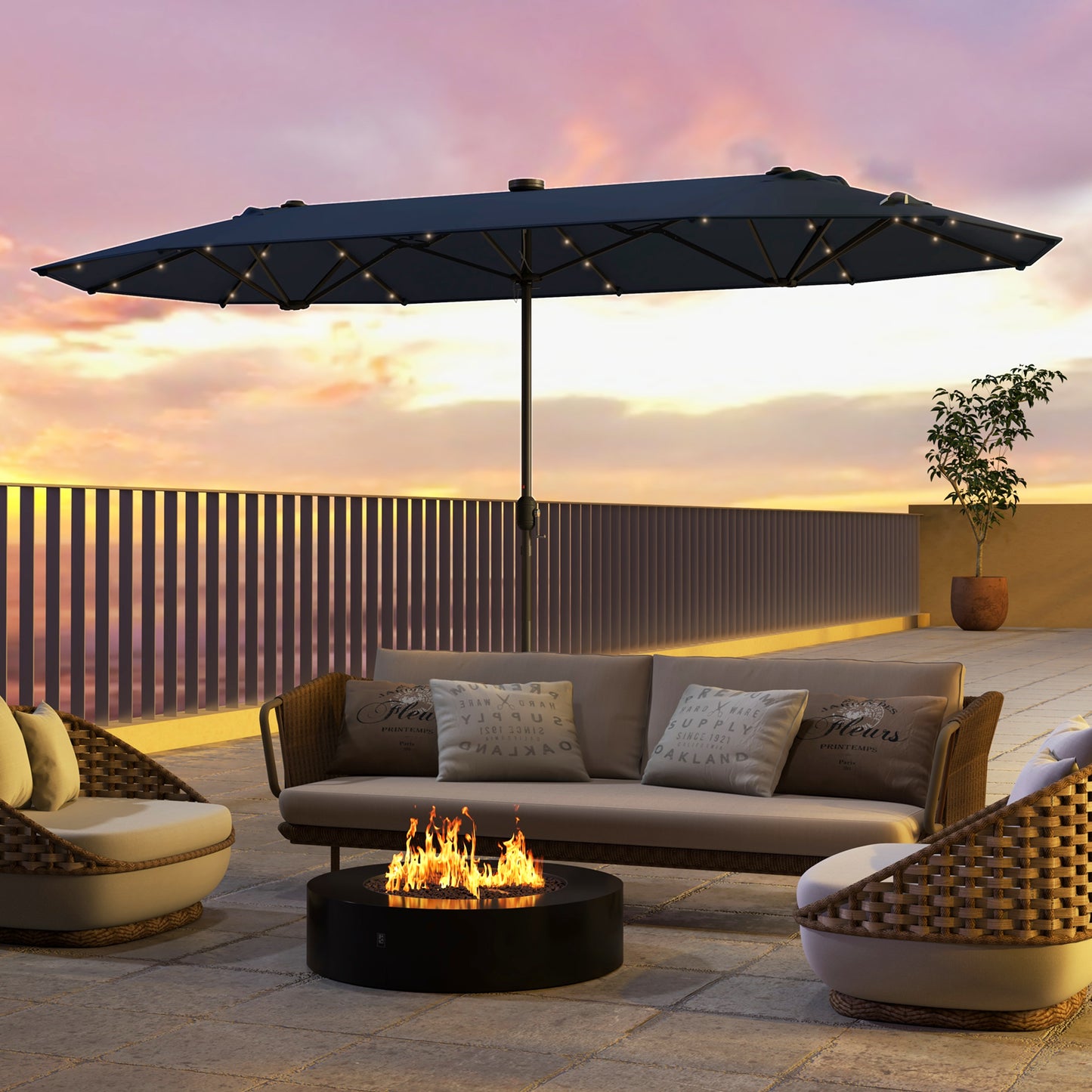 400cm Double-sided Patio Umbrella with Solar Lights-Navy