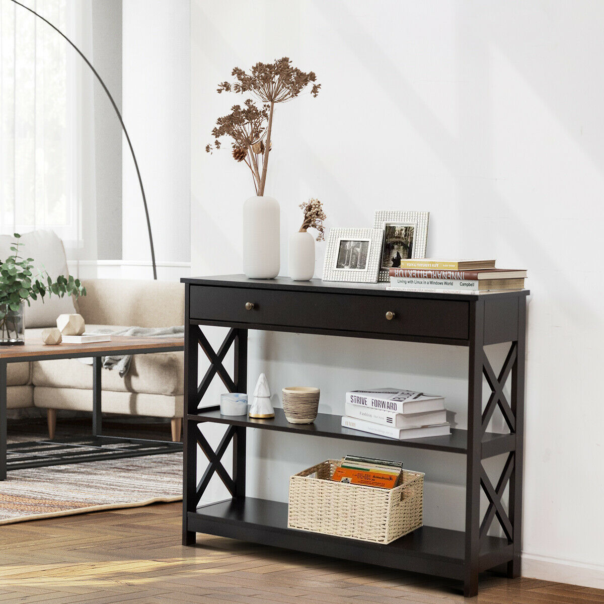 3-Tier Console Table with 1 Drawer and 2 Storage Shelves-Coffee