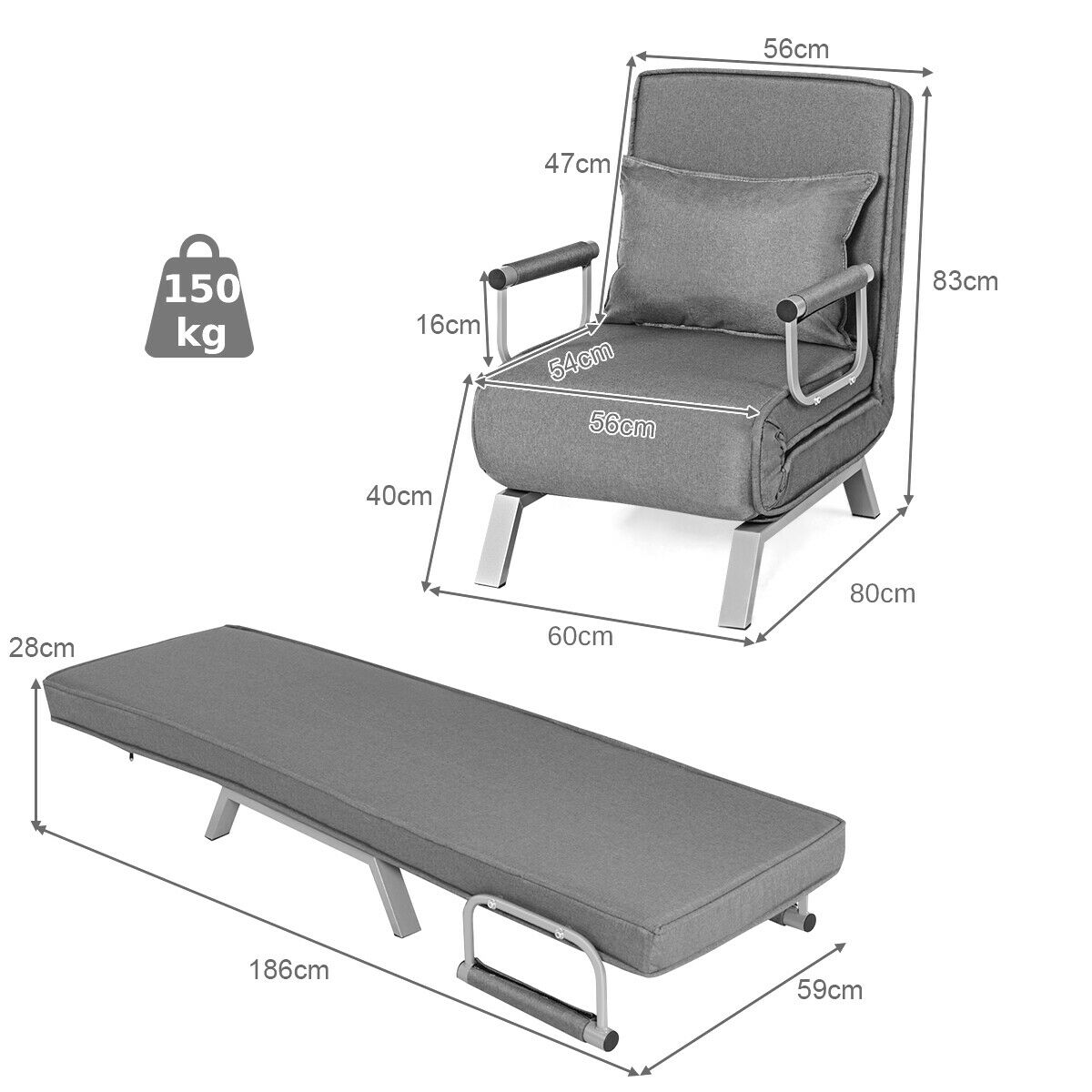 Convertible Folding Sofa Bed with 5 Position Recliner-Grey