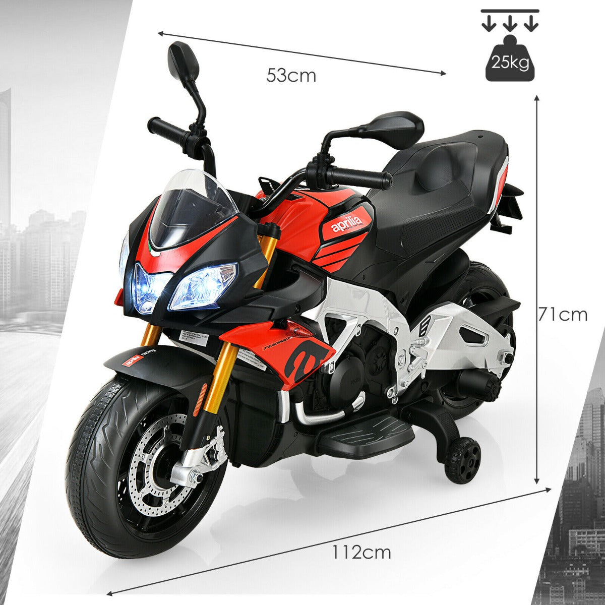 Kids 12v Electric Aprilia Licensed Motorbike with LED Lights and Music-Red