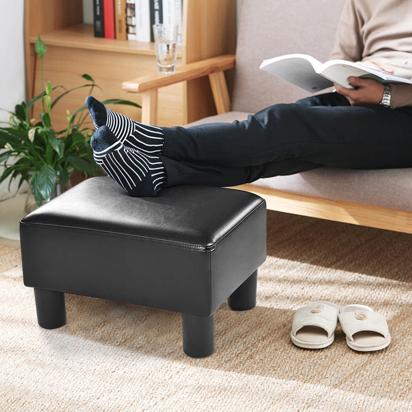 40 cm Rectangle PU Leather Small Footstool Ottoman-Black