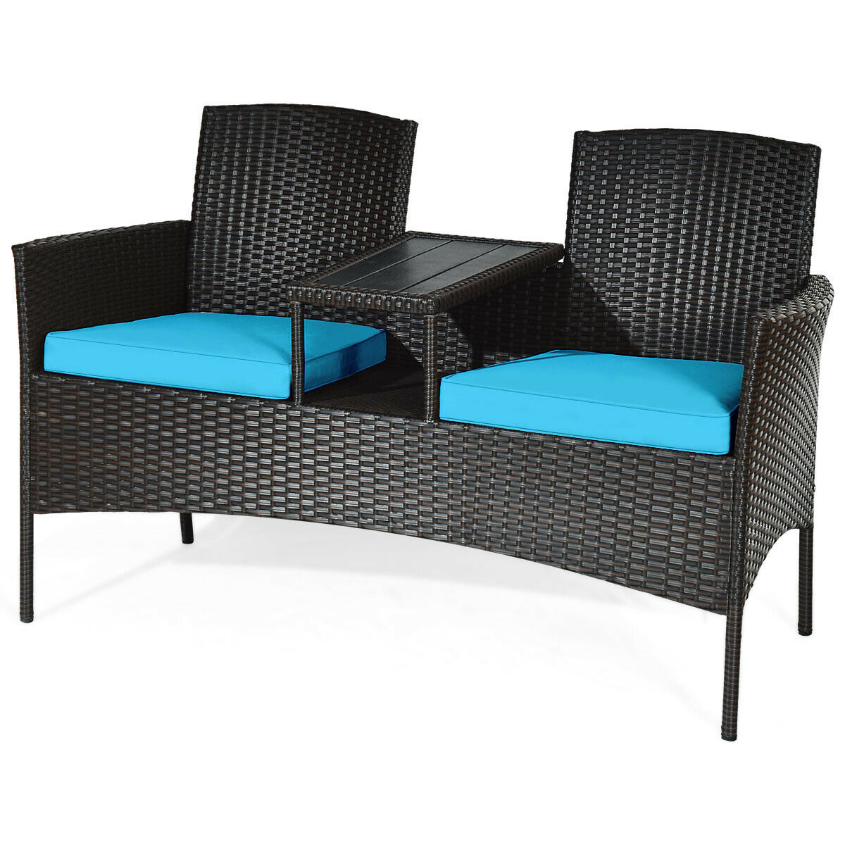 2-Seater Rattan Chair with Coffee Table and Removable Cushion-Turquoise