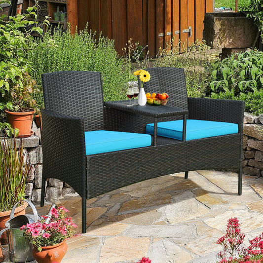2-Seater Rattan Chair with Coffee Table and Removable Cushion-Turquoise