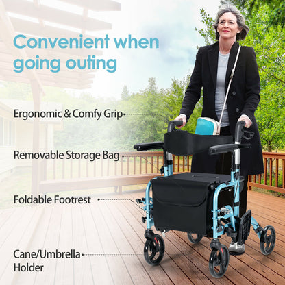 2-In-1 Rollator Walker with Reversible Backrest and Height-Adjustable Handle-Blue