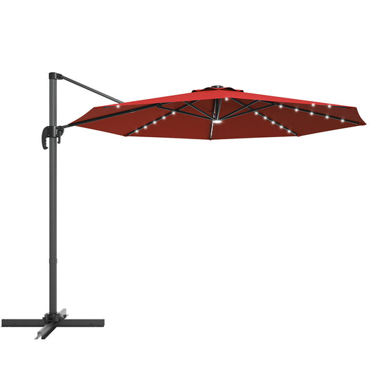 3M Outdoor Parasol Patio Cantilever Umbrella with Solar Lights-Wine