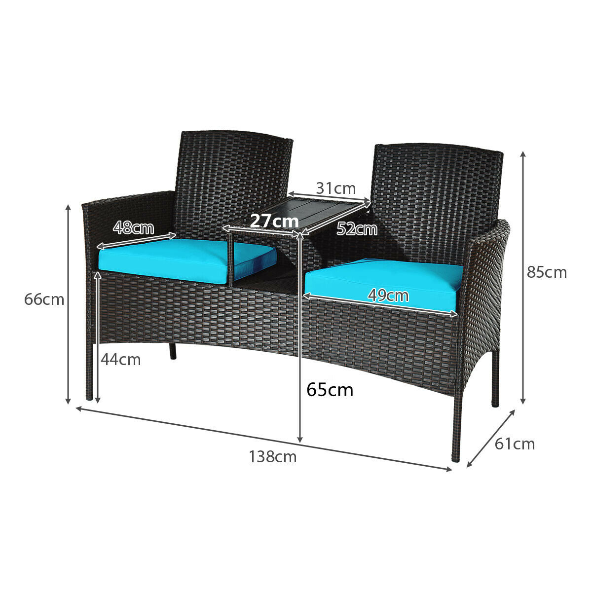 2-Seater Rattan Chair with Coffee Table and Removable Cushion-Turquoise