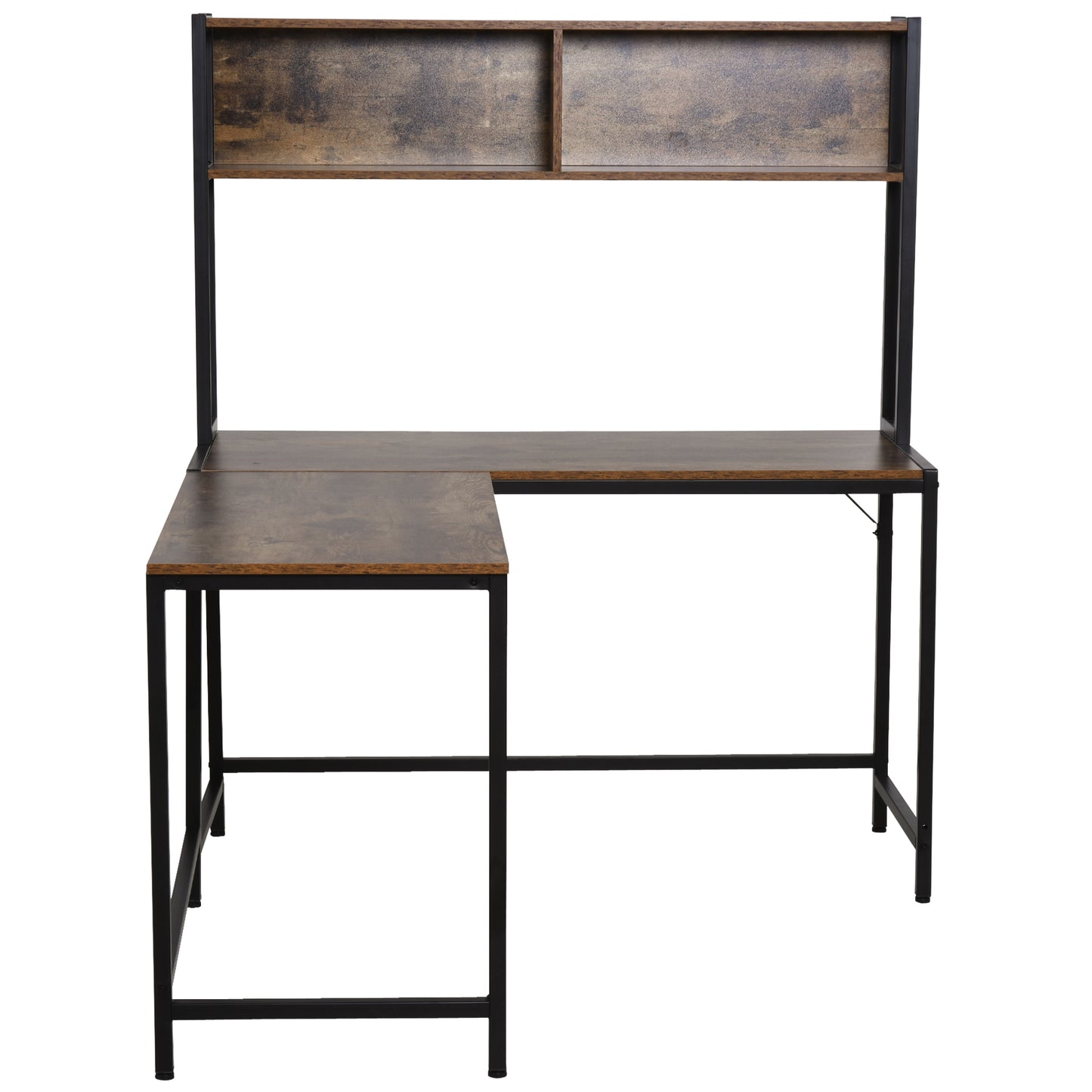 HOMCOM Industrial L-Shaped Work Desk & Storage Shelf Steel Frame Adjustable Feet Corner Workstation Home Office Study Stylish Brown Black