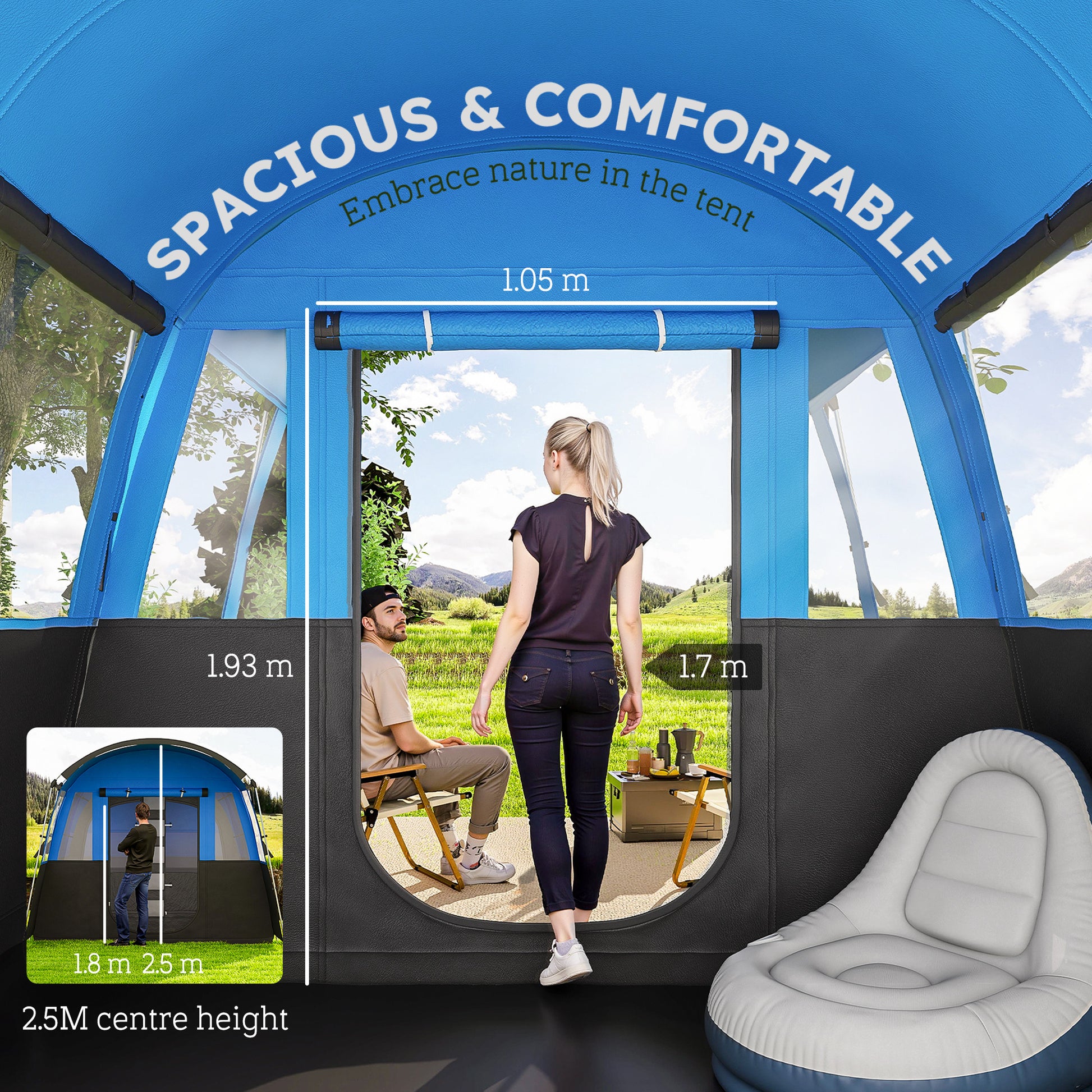 Outsunny 8-Person Camping Tent, Waterproof Family Tent, Tunnel Design, 4 Large Windows, Sleeping Cabins 3000mm Water Column Blue