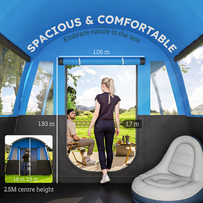 Outsunny 8-Person Camping Tent, Waterproof Family Tent, Tunnel Design, 4 Large Windows, Sleeping Cabins 3000mm Water Column Blue