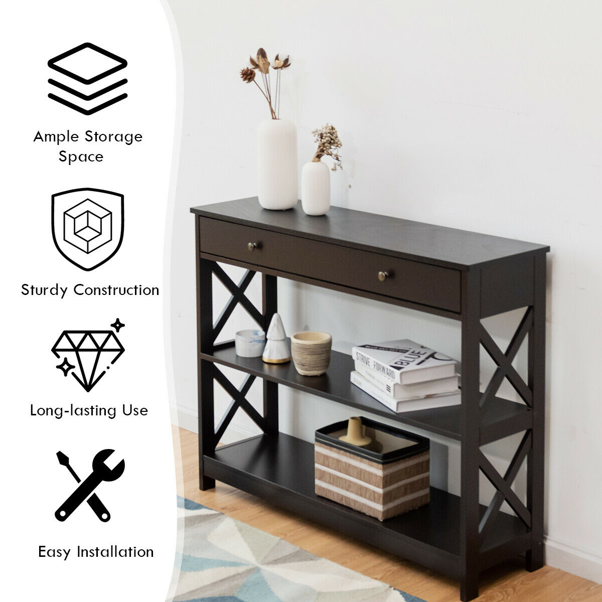 3-Tier Console Table with 1 Drawer and 2 Storage Shelves-Coffee