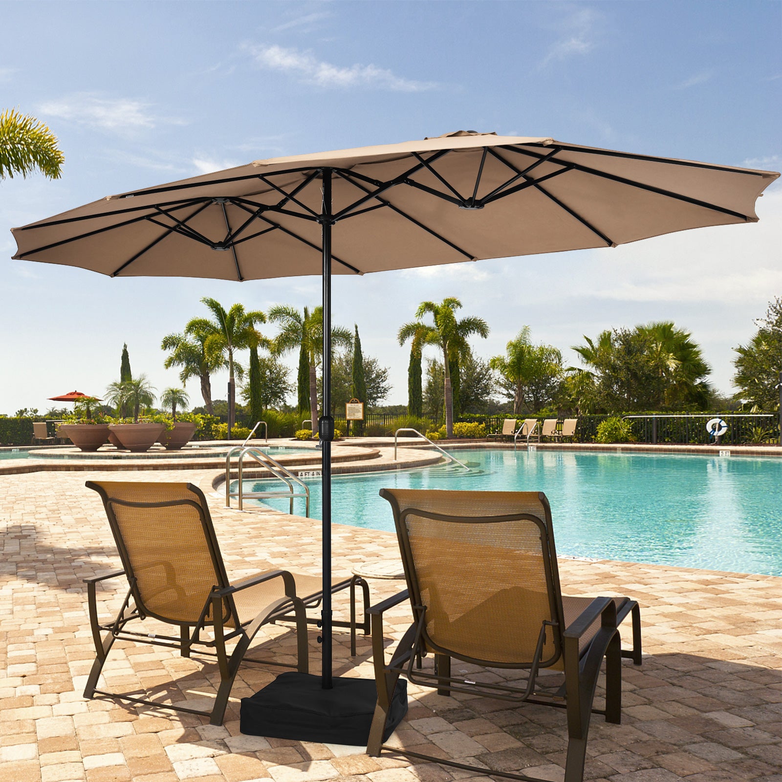 450cm Double-Sided Patio Umbrella with Base and Hand-Crank System-Coffee